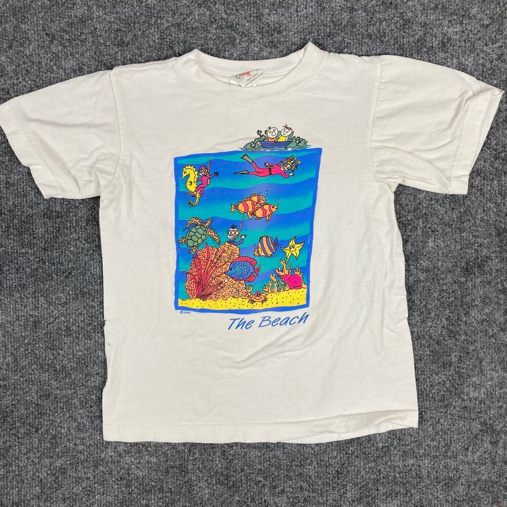 Finest Champ T-Shirt Boys Size L White The Beach Graphic Ocean Sea Creatures
